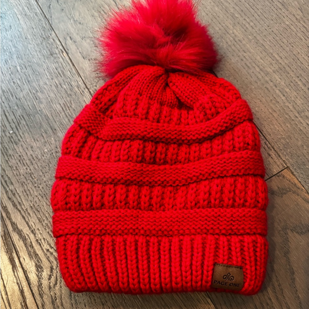 Page One Red Knit Pom-Pom Beanie
